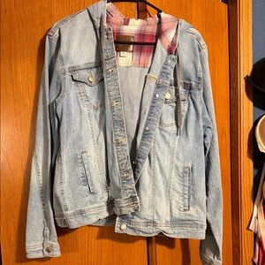 Maurices Blue Denim Jacket with Red Plaid Lining